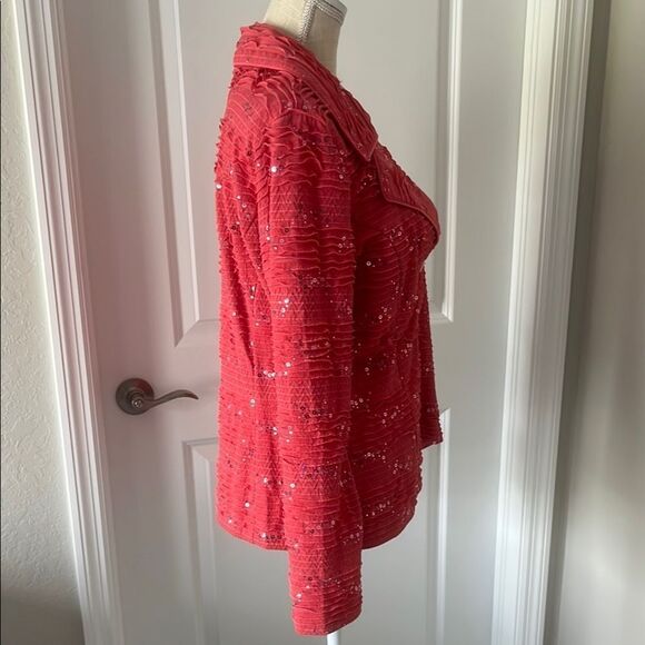 Clara Sun Woo Coral Textured Sequined Jacket Square Buttons Sz L - Picture 4 of 8